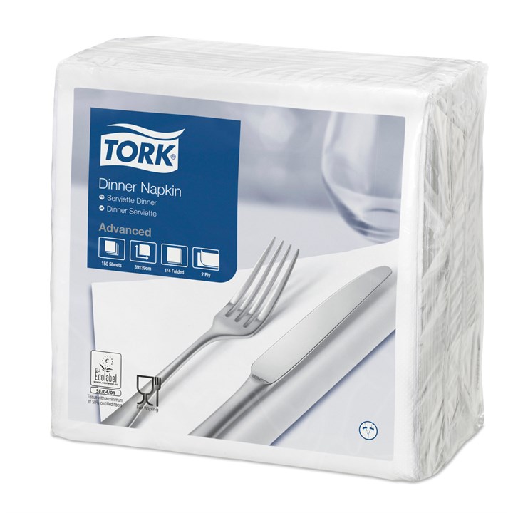 TORK WHITE DINNER NAPKIN 4 FOLD 2PLY 39 X 39CM